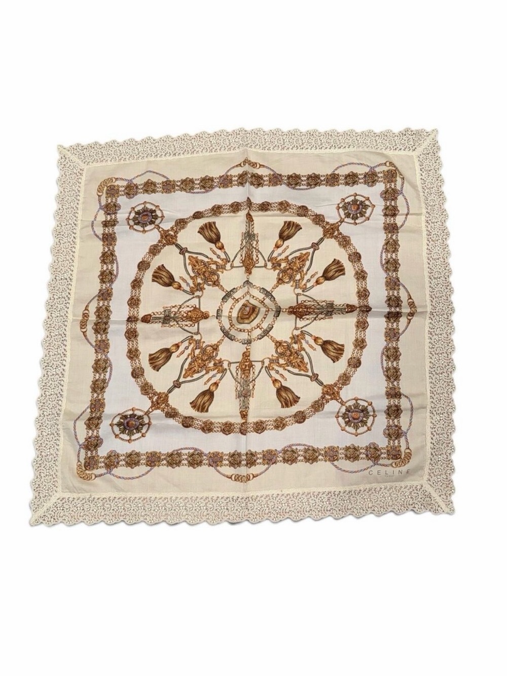 Celine Paris Vintage Chain Jewel Tassel Print Lace Trim Scarf 20x20 Ivory